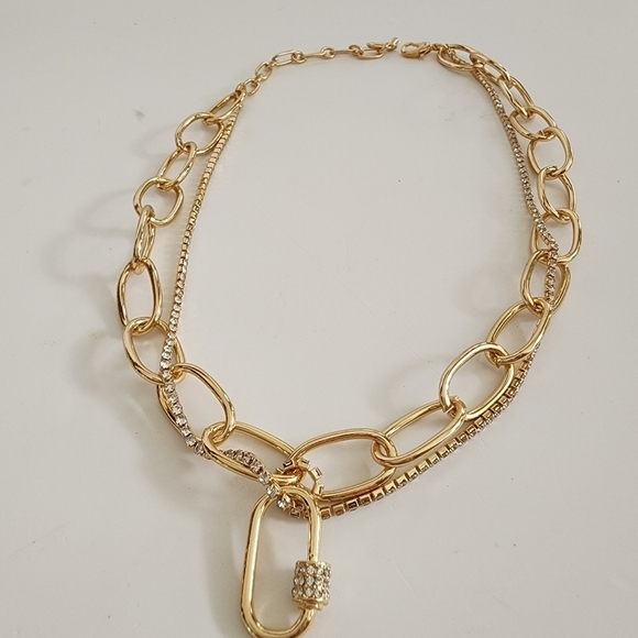 NEW Golden Double Layered Chain Rhinestone Oval Pendant Necklace - Picture 5 of 7